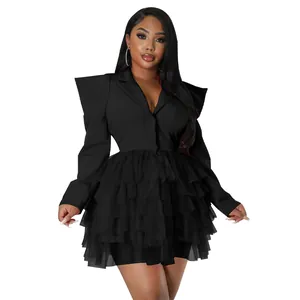 Elegant black blazer-style mini dress with pointed shoulders and layered mesh tiered skirt