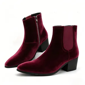 Elegant side profile of men's burgundy velvet high-heel Chelsea boots with square toe.