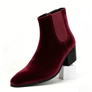 Men's velvet high heel Chelsea boots with square toe in burgundy wine red color