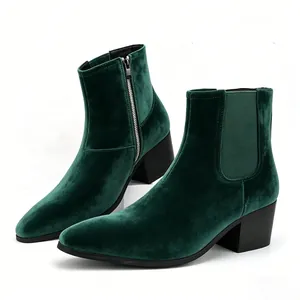 Dark green velvet ankle boots for men with side zipper, block heel and square toe.