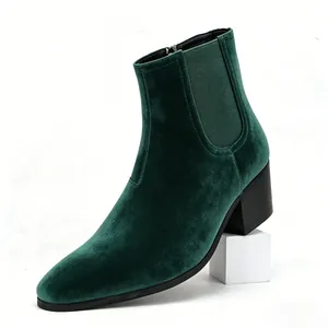 Side view of emerald green velvet Chelsea boots for men featuring high block heels