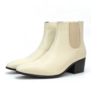 Stylish beige men's Chelsea boots featuring square toe design and black block heel
