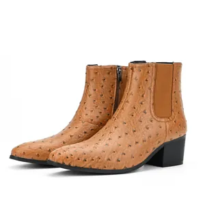 Brown men's fashion Chelsea boots featuring ostrich skin pattern and chunky block heel