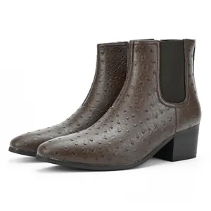 Men's fashion Chelsea boots with ostrich pattern, square toe, and block heel in dark brown