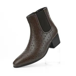 Detailed side view of men's brown ostrich pattern high heel Chelsea boot with square toe