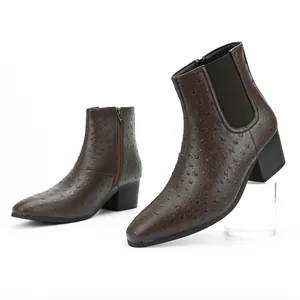 Detail view of men's ostrich embossed Chelsea boots with square toe and chunky block heels