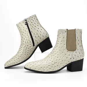 Detailed side view of men's high heel Chelsea boots with ostrich leather texture