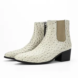 Men's Chelsea boots featuring elegant ostrich texture with high chunky heels and square toe
