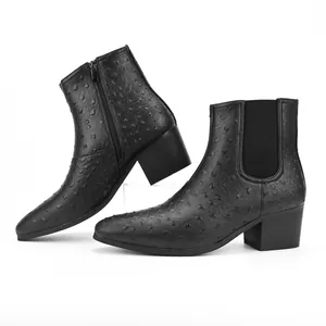 Men's black Chelsea boots with ostrich texture, square toe and thick high heel