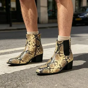 Fashionable men's snakeskin pattern Chelsea boots with block heel in urban street
