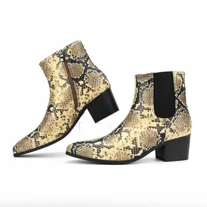 Detailed side view of men's snakeskin Chelsea boots featuring a square toe and chunky heel