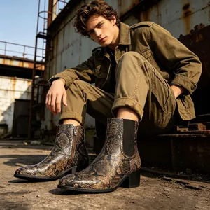 Close-up detail of men's snakeskin pattern Chelsea boots with a stylish Cuban heel