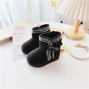 Black children's winter snow boots featuring a stylish toggle closure and delicate embroidery detail