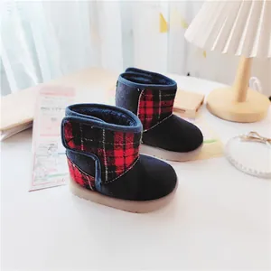 Cozy toddler winter snow boots with red plaid design and warm lining for boys and girls