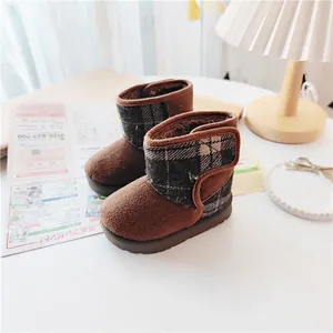 Cozy brown plaid winter snow boots for toddlers with warm plush lining for outdoors