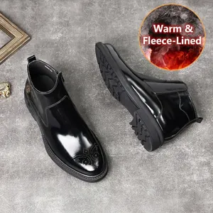 Bottines Chelsea Homme Sculpture Brogue en Cuir de Vachette Style Britannique Bout Rond Hiver Chaud Antidérapant Bottines de Ville