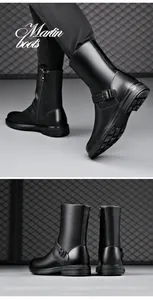 Detailed side view of men's black leather Martin boots with buckle and side zipper.