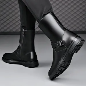 Men's stylish black leather business boots featuring a side zipper and buckle strap detail