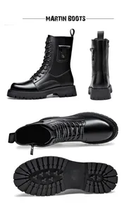 Mehrwinkel-Ansichten von schwarzen Herren-Leder-Martin-Boots mit Seitentasche und Profilsohle.
