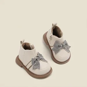 Kinder Baby Mädchen Martin Boots Kunstfell Gefüttert Winter Warm Kurzstiefel Karomuster Schleife Seitlicher Reißverschluss Lauflernschuhe