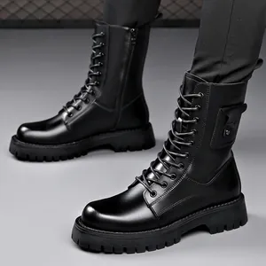 Herren Martin Boots Mikrofaserleder Seitenreißverschluss Plateausohle Britischer Arbeitsstil Höhenverstellbar Trend Schwarz Stiefel