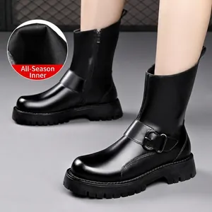 Men's black leather Martin boots with thick soles and buckle detail for winter season