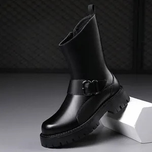 Men's stylish black leather Martin boots with thick soles and warm fleece lining