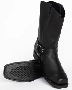 Men's black leather harness motorcycle boots with square toe and non-slip rubber sole