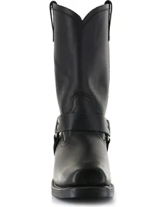 Classic black leather harness biker boots with square toe and studded straps front view