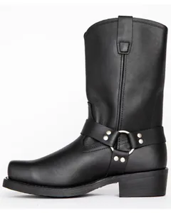 Detailed side view of a classic black leather motorcycle harness boot with metal O-ring.