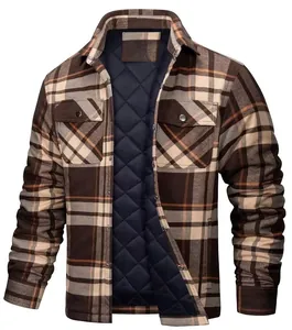 Detailed view of a men's plaid flannel jacket featuring a warm quilted navy blue lining.
