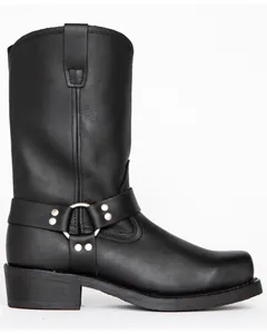 Side profile detail of classic black leather harness boots with metal ring and rivets