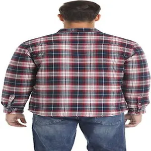 Detailed back view of a men's thick padded plaid shirt jacket with red and blue checks