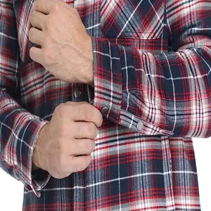 Close-up of red and navy plaid flannel shirt jacket showing metal snap button detail