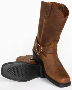 High-quality brown leather harness boots with square toe and non-slip rubber sole