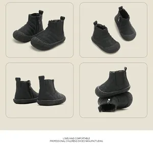 Detailed view of black quilted baby winter boots with non-slip rubber soles from angles