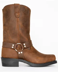 Close-up detail view of brown distressed leather harness boot with metallic ring