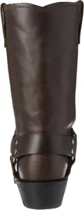 Back view of dark brown leather harness boots showing rivet details and low heel