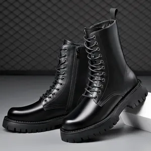 Herren High Top Martin Stiefel Schwarz Schnürung Seitlicher Reißverschluss Mikrofaser Leder Kampfstiefel Plateau Warm Winterschuhe