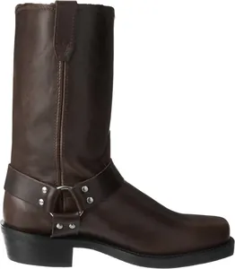 Professional detailed side view of classic dark brown leather harness motorcycle boots