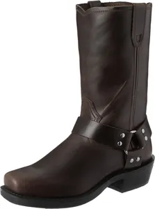 Detailed view of dark brown leather harness boot featuring square toe and metal buckle