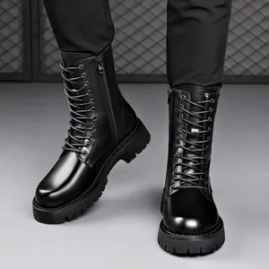 Stilvolle schwarze Herren-Schnürstiefel mit Reißverschluss, Schnürung und dicker Sohle
