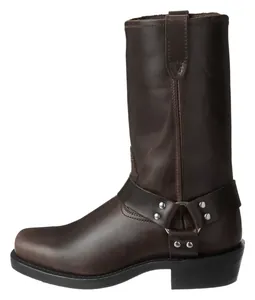 Detailed side profile of a classic brown leather harness boot with silver hardware