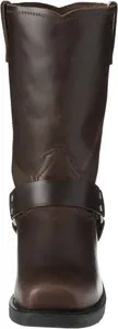 Frontal detail view of a tall dark brown leather harness boot with square toe and rivets