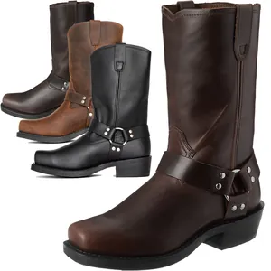 Men Square Toe Harness Biker Boots Mid Calf Western Cowboy Boots Rivet Ring Strap PU Leather Texture Motorcycle Fashion Shoes