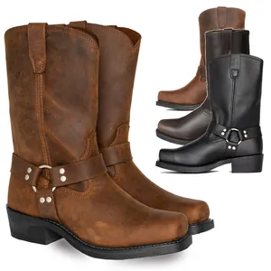 Men's vintage leather square toe harness boots available in brown, tan and black