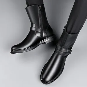 Men's high-top black leather Martin boots with side zipper and decorative buckle strap