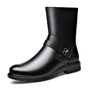 Sleek black winter mid-calf boots for men featuring a side zipper and buckle strap design.