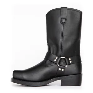 Classic black leather harness boots with metal ring detail and square toe profile