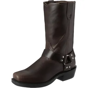 Men's dark brown leather harness motorcycle boots with metal ring and studs decoration